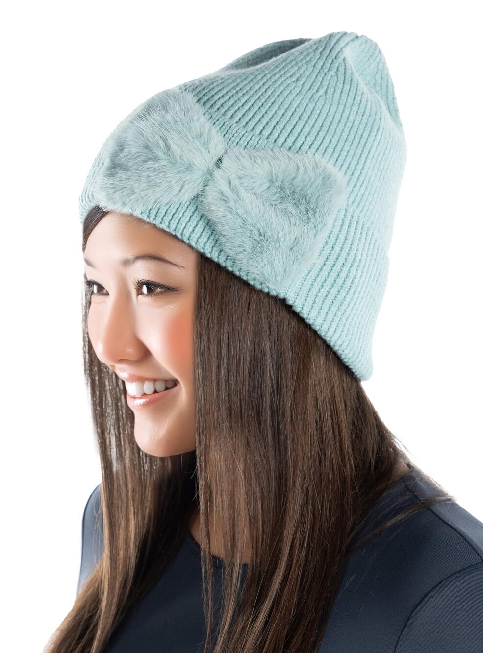 2253 Mint Velvet Bow Beanie , Chenille Wool Knit Warm Winter Hat
